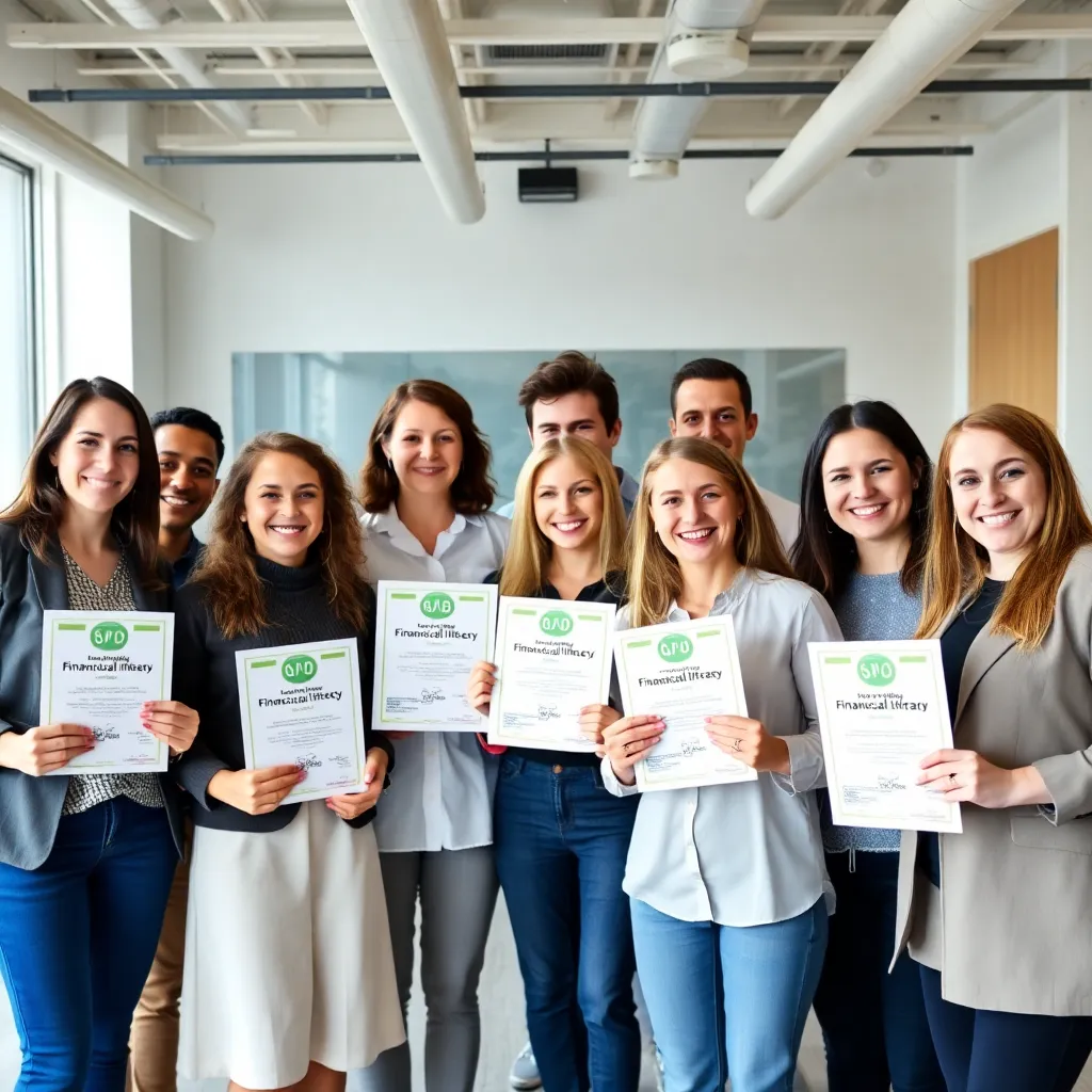 Groep van tevreden cursisten die hun financiële certificaten tonen